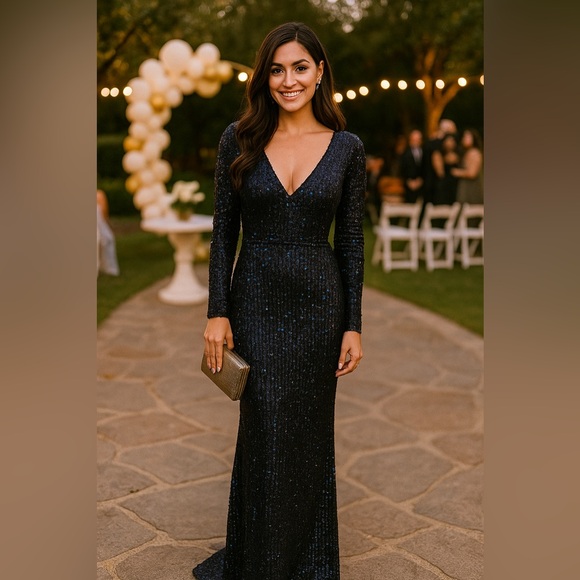 Mac Duggal Elegant Black and Blue Sequence Long Sleeve...